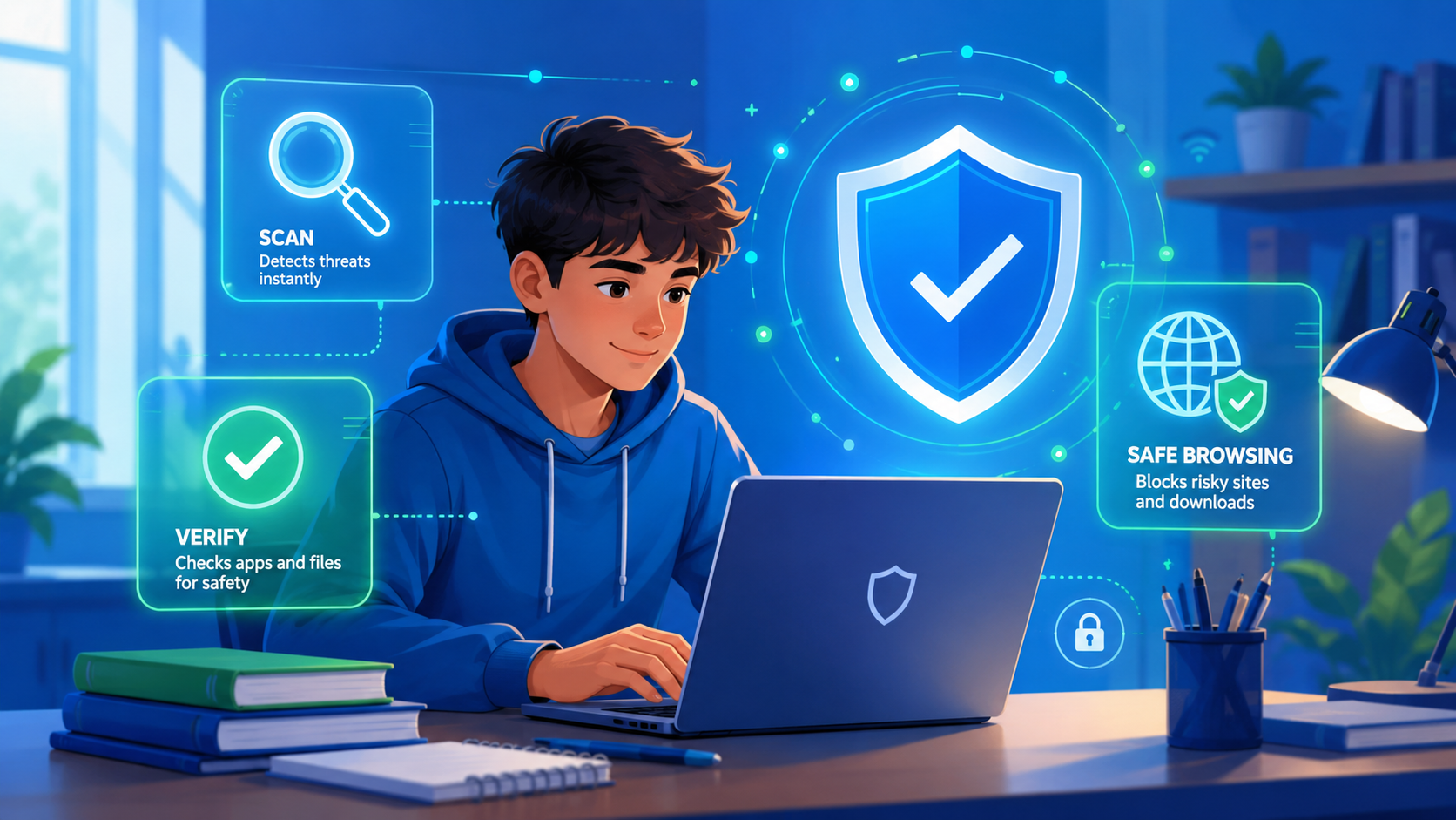 Giovane che usa il computer con icone di antivirus, scansione e navigazione sicura