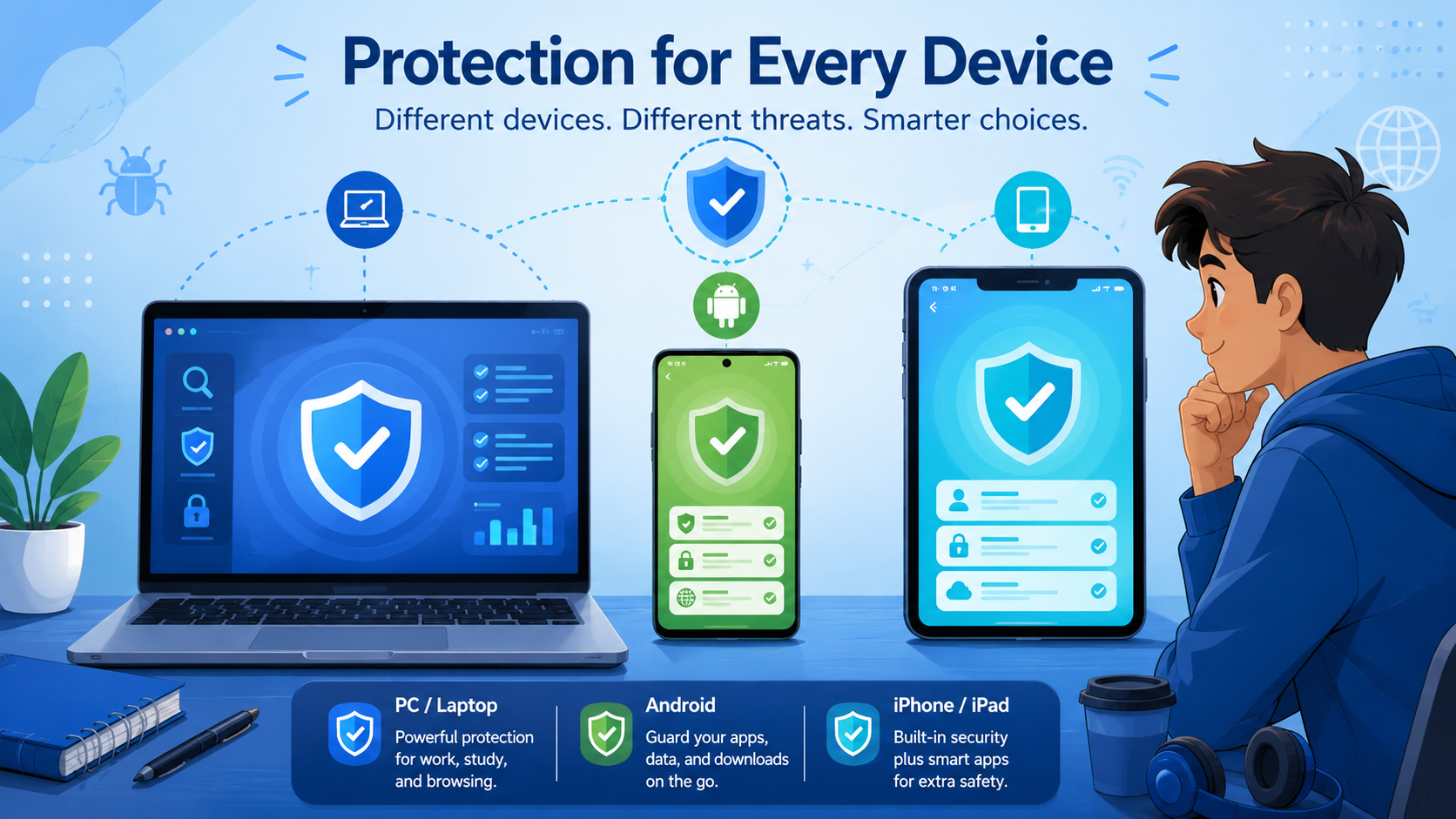 Infografica sulla protezione per PC, Android e iPhone o iPad