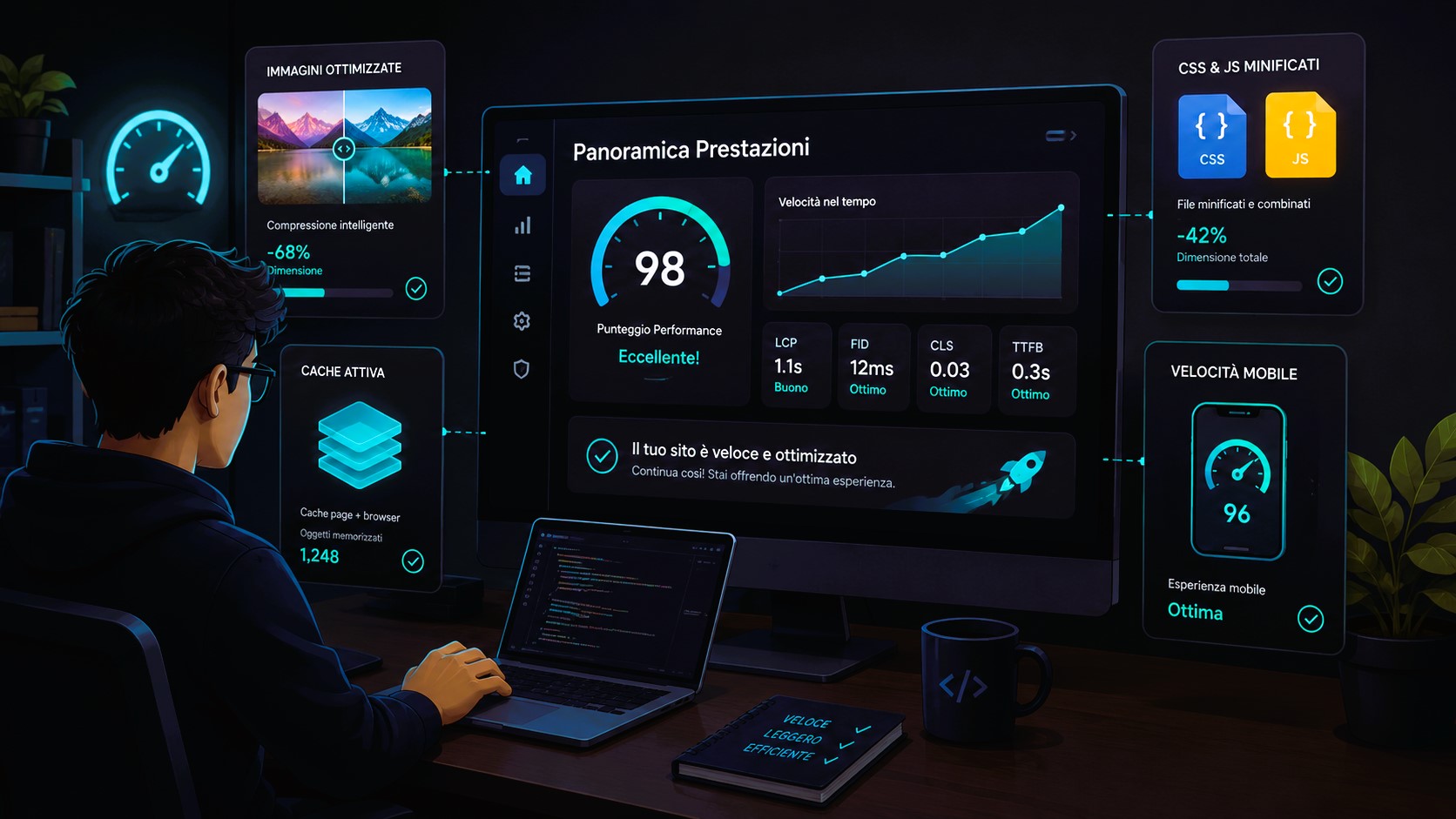 Ambiente di lavoro digitale con dashboard di prestazioni, cache attiva e immagini ottimizzate