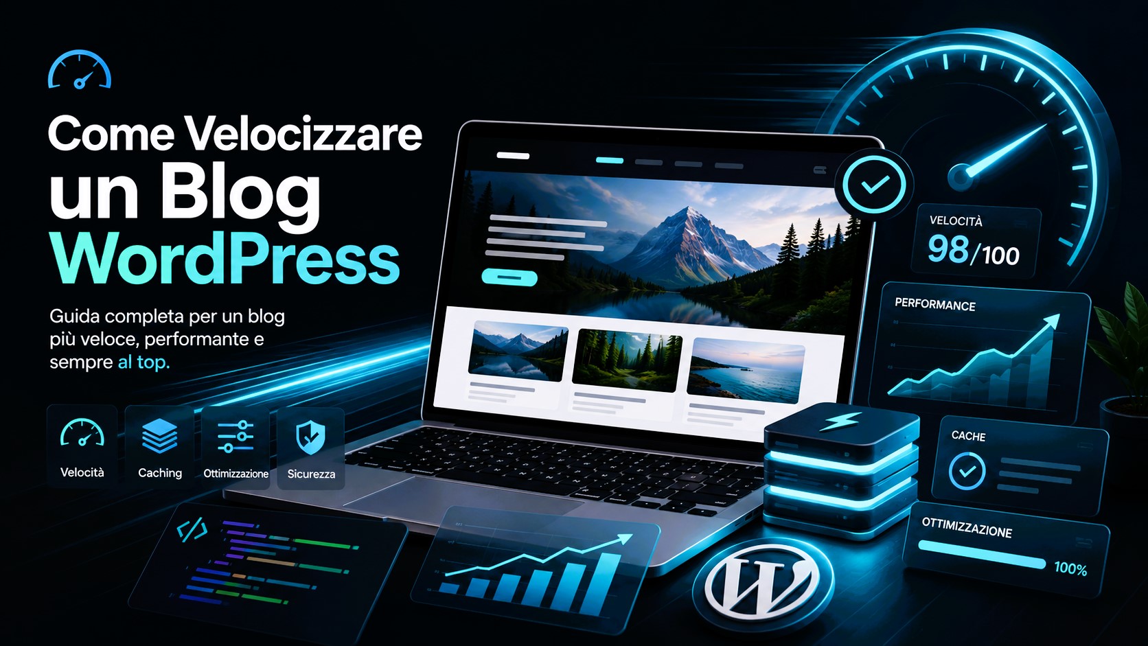 Illustrazione di un blog WordPress veloce con indicatori di performance e ottimizzazione
