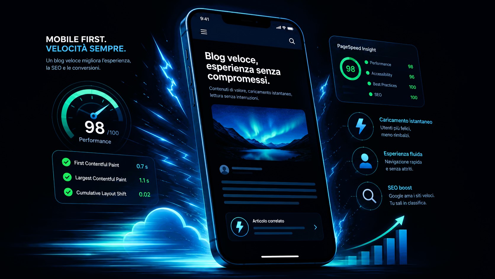 Smartphone con blog veloce, punteggio PageSpeed e indicatori SEO in stile futuristico